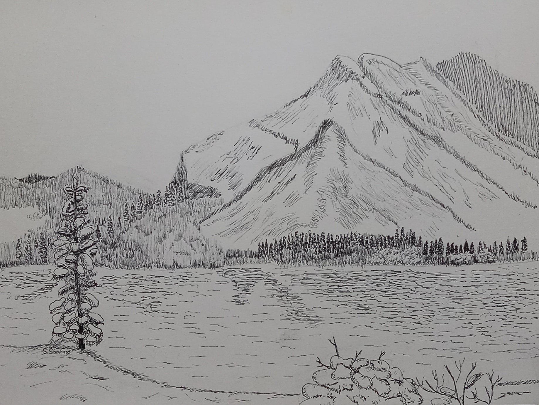 Sketch of a mountain landscape with trees and a lake.