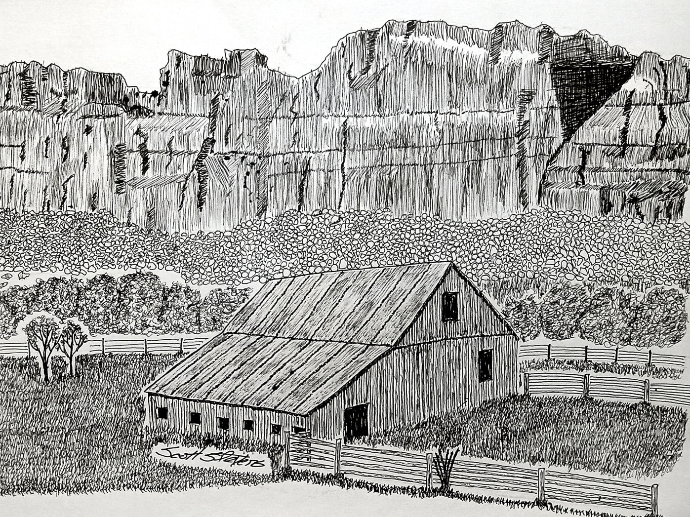 Black and white illustration of a barn with cliffs in the background