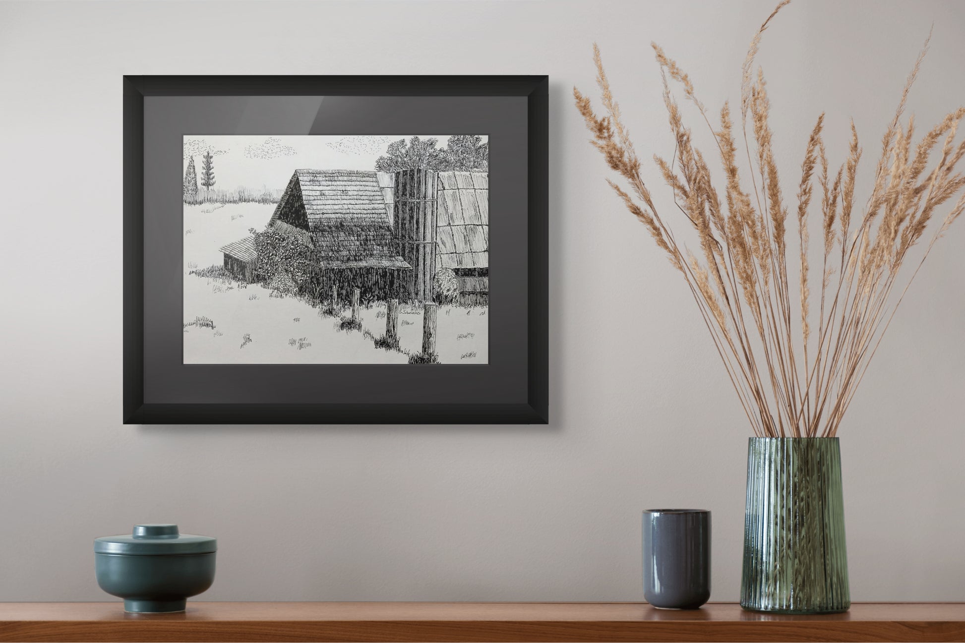 Framed print of a pen and ink drawing of an old barn and silo.