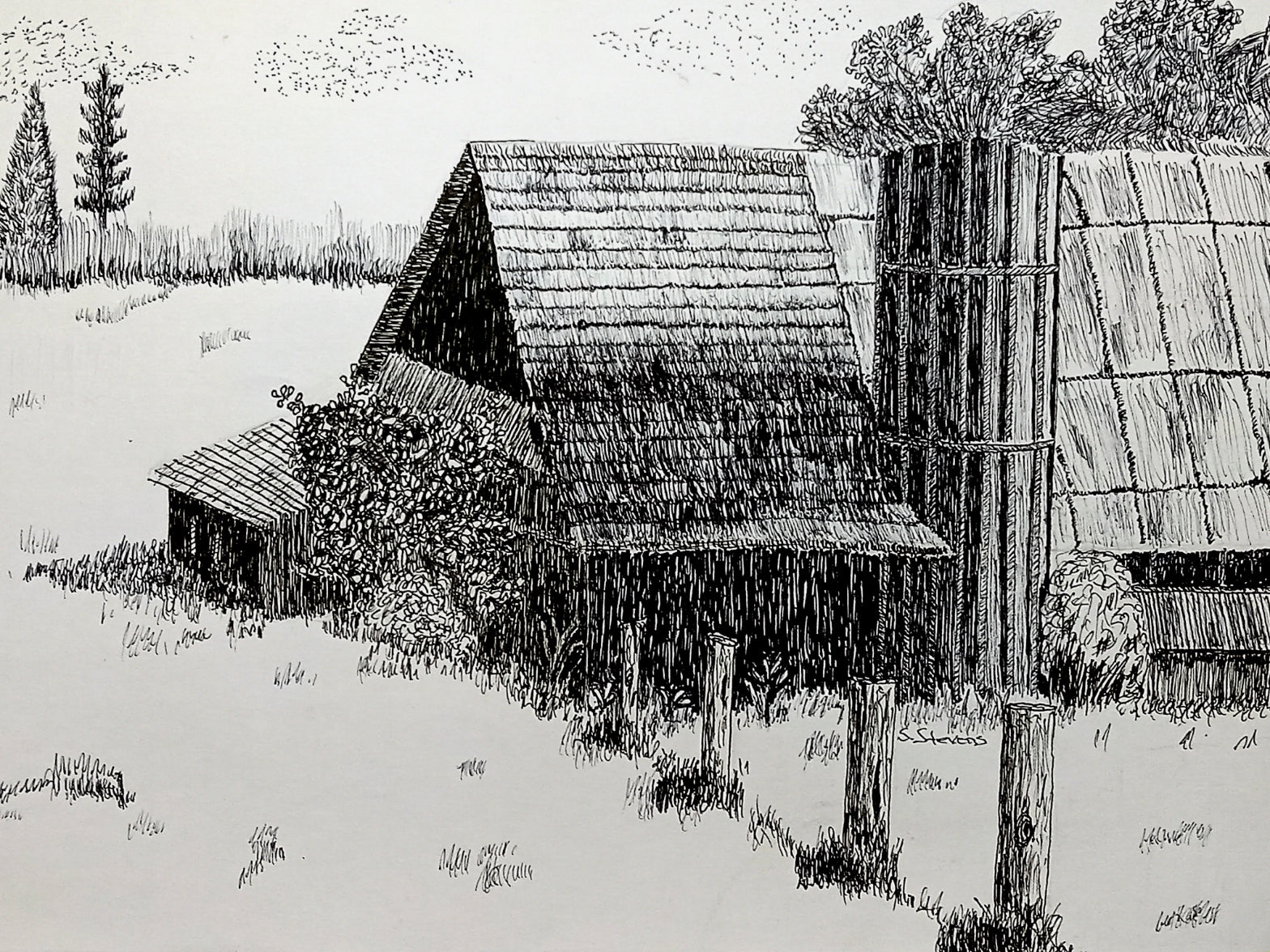 Black and white illustration of a rustic wooden cabin in a natural setting
