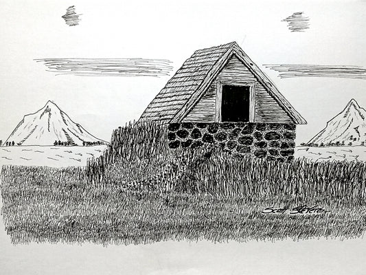 Black and white illustration of a cabin in the mountains