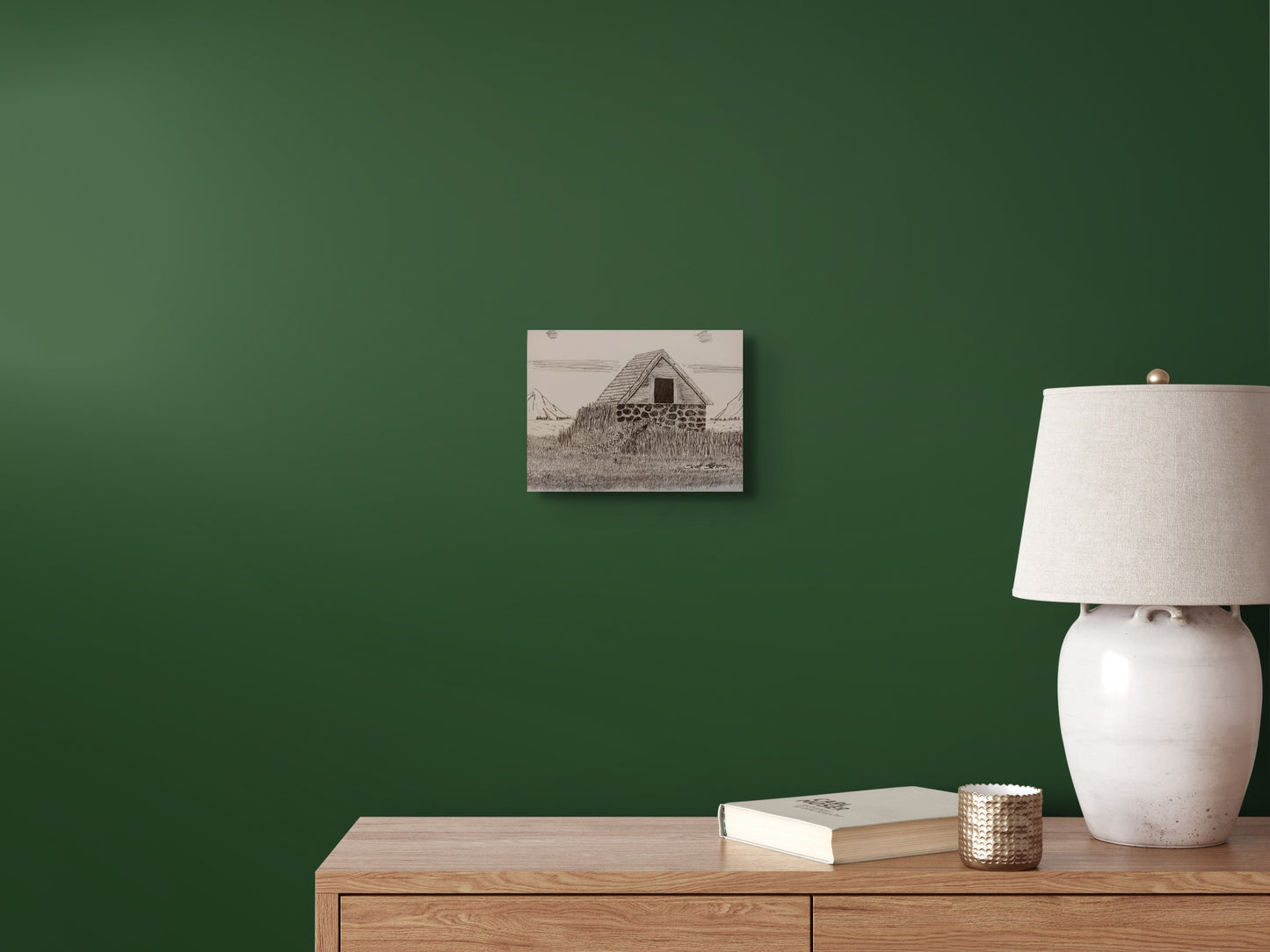 Framed pen and ink art print of a old stone barn.