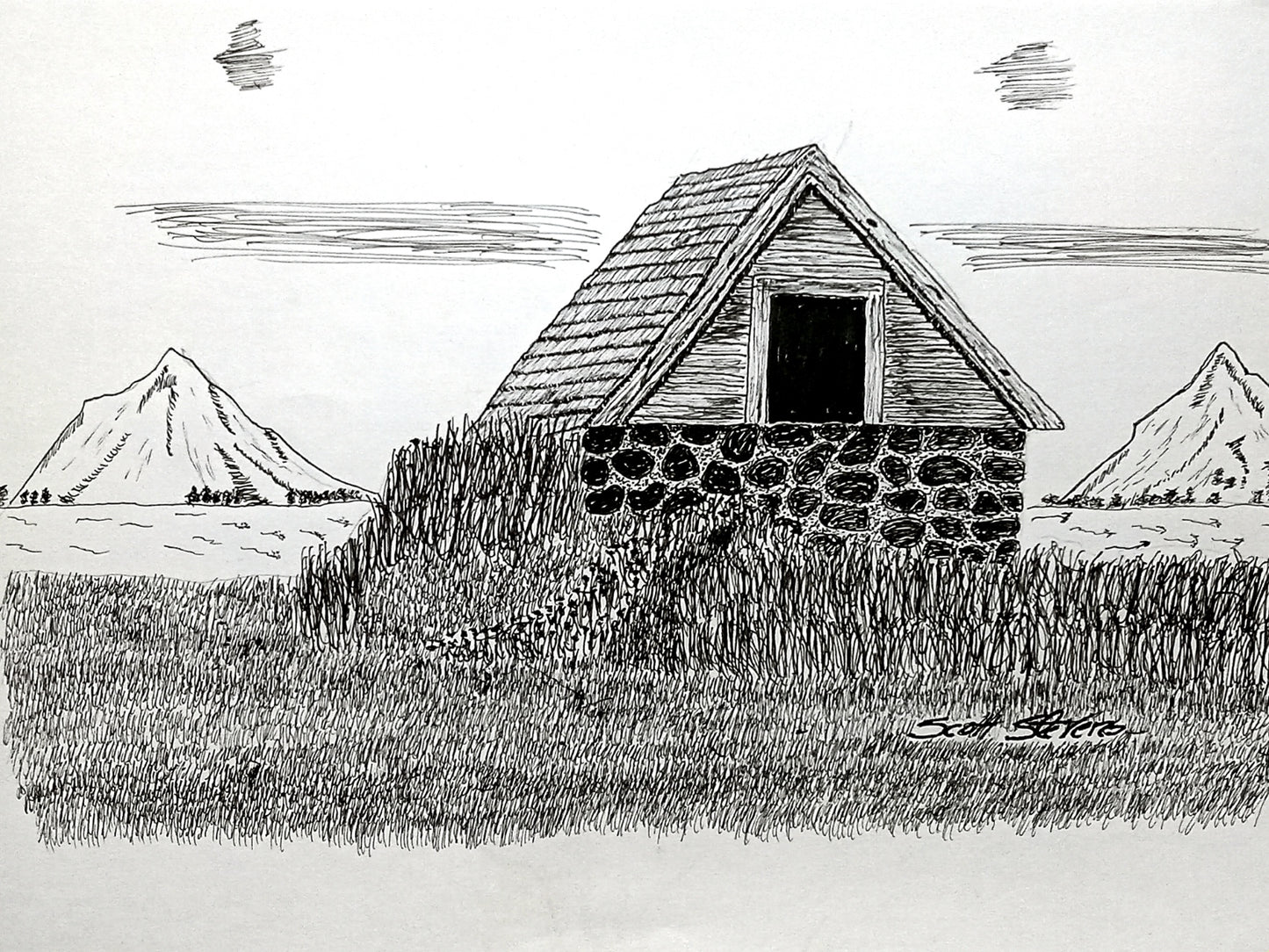 A black and white handcrafted pen and ink drawing of an old stone barn with majestic mountains in the background, positioned on a hilltop.