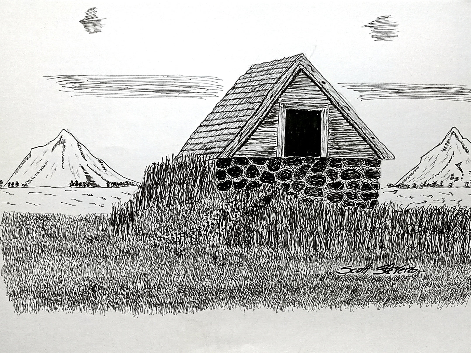A black and white handcrafted pen and ink drawing of an old stone barn with majestic mountains in the background, positioned on a hilltop.