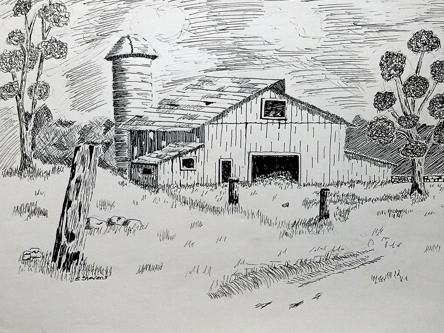 Minimalist pen and ink drawing of an old barn and trees