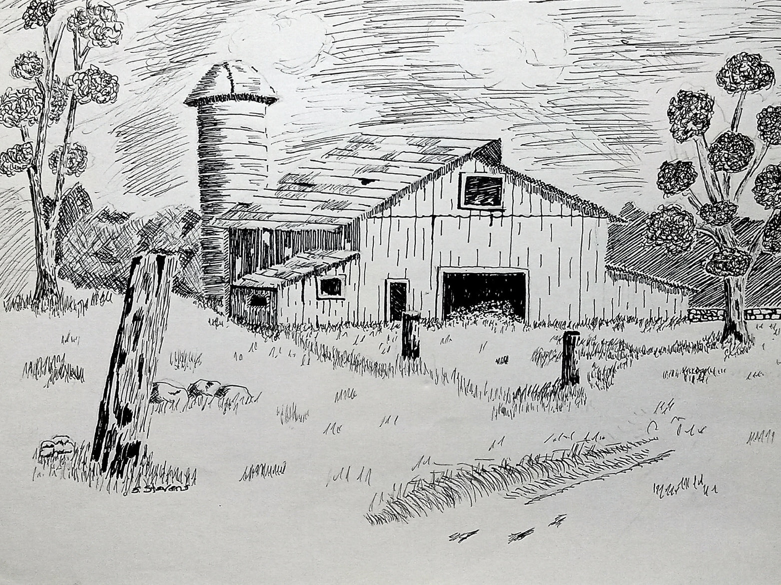 A pen and ink artwork depicting an old barn with a silo, trees in the background, and fence posts in the foreground.