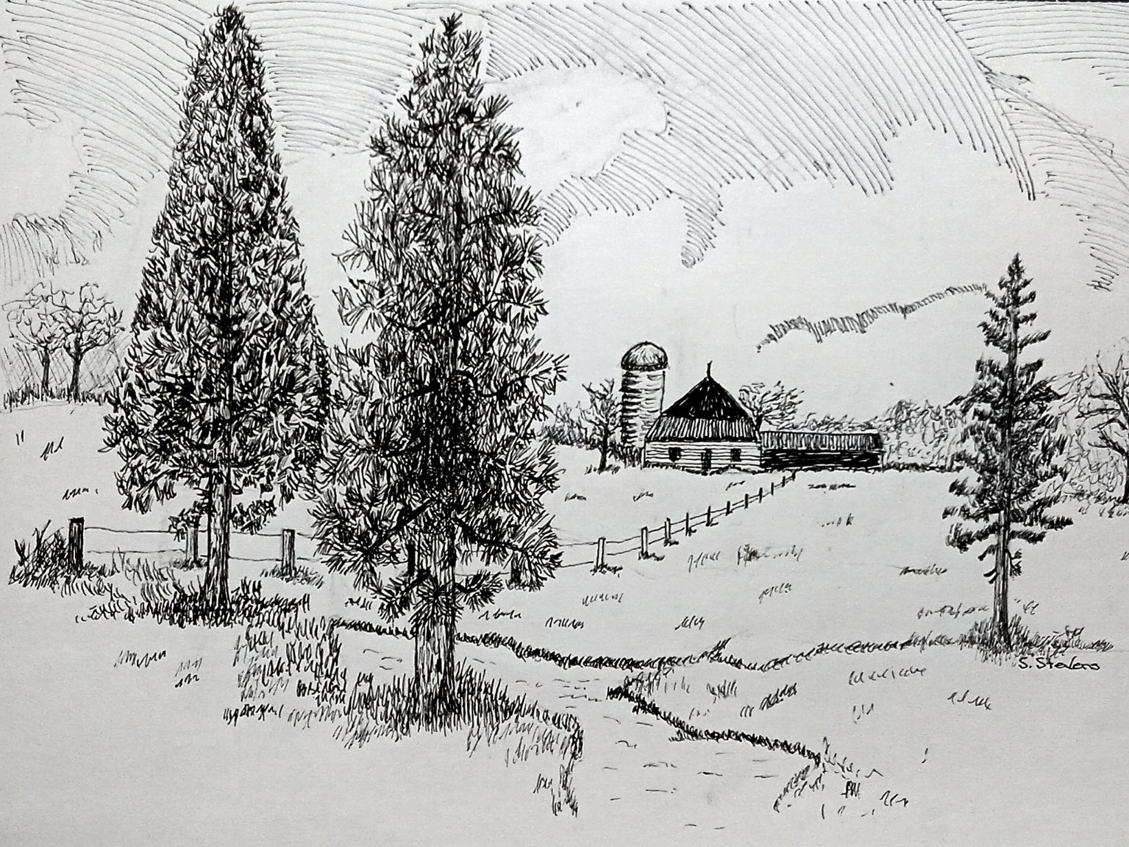 Black and white sketch of a rural landscape with trees and a barn.