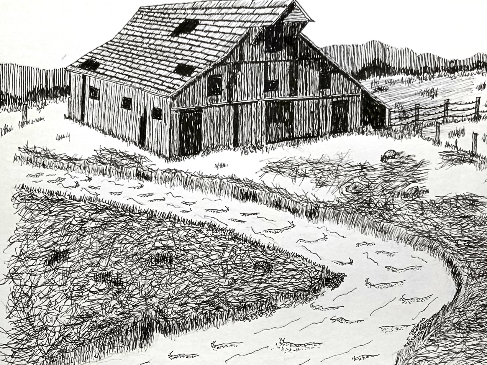 Black and white illustration of a barn and surrounding fields.