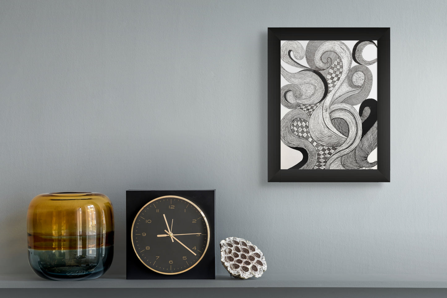 Framed version of the pen and ink drawing, 'Smoke'