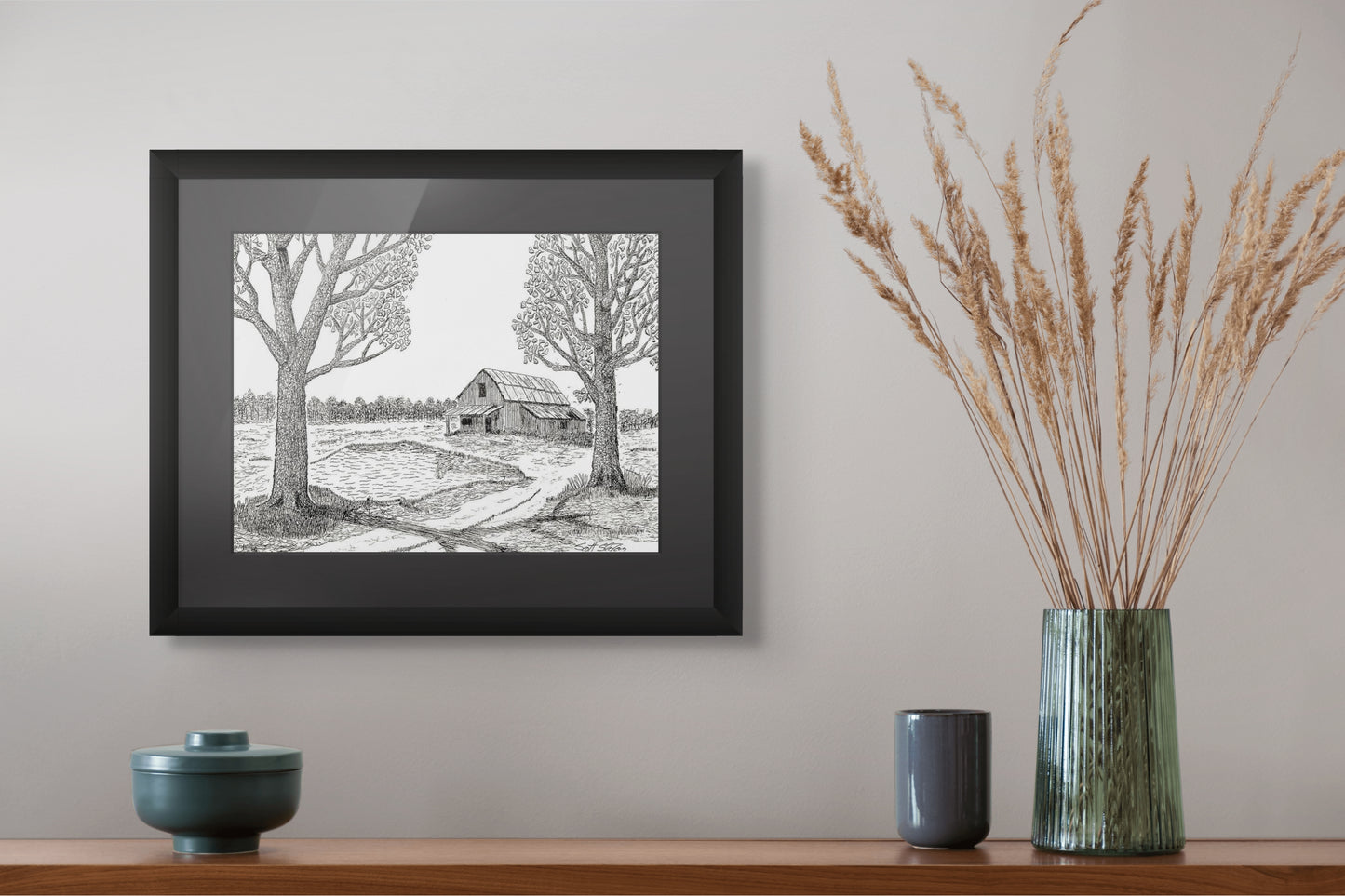 Framed print of an original drawing of trees and an old barn.
