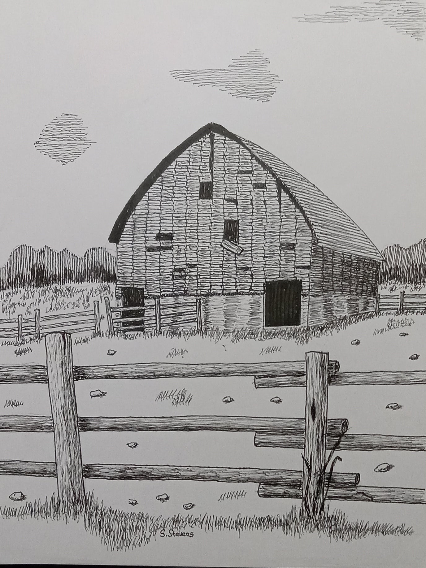 A pen and ink drawing of an old barn with a field and trees in the background, surrounded by a wooden fence.