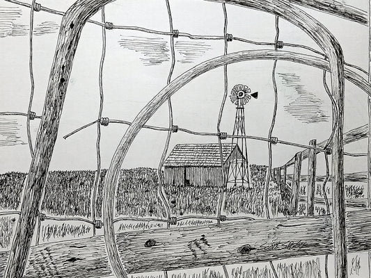 A pen and ink art print depicting a barn scene viewed through a fence, with intricate details of an old barn and a windmill in the background.