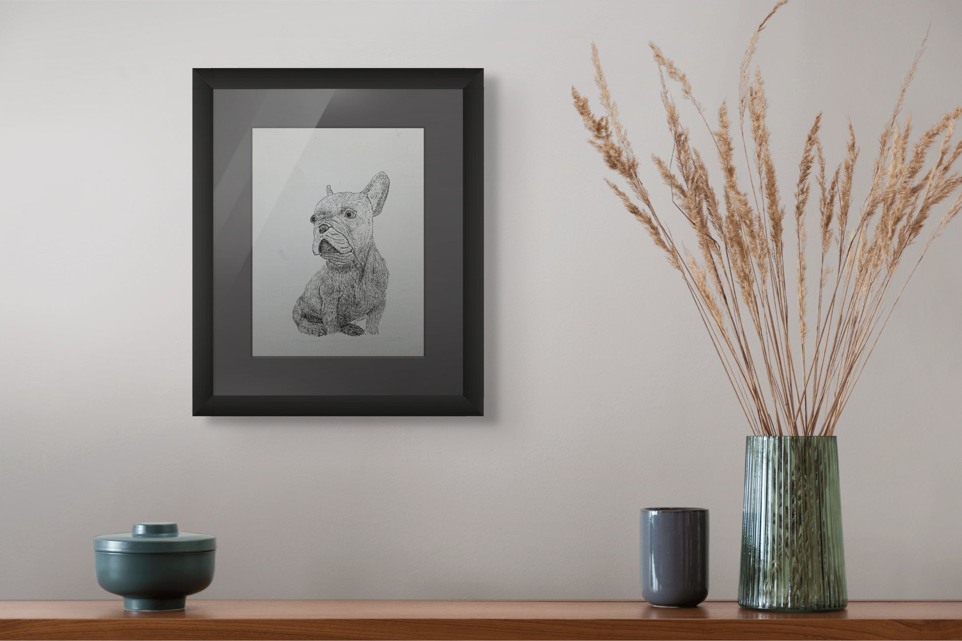 Framed print of a pen and ink drawing of a Boston Terrier named Tito.