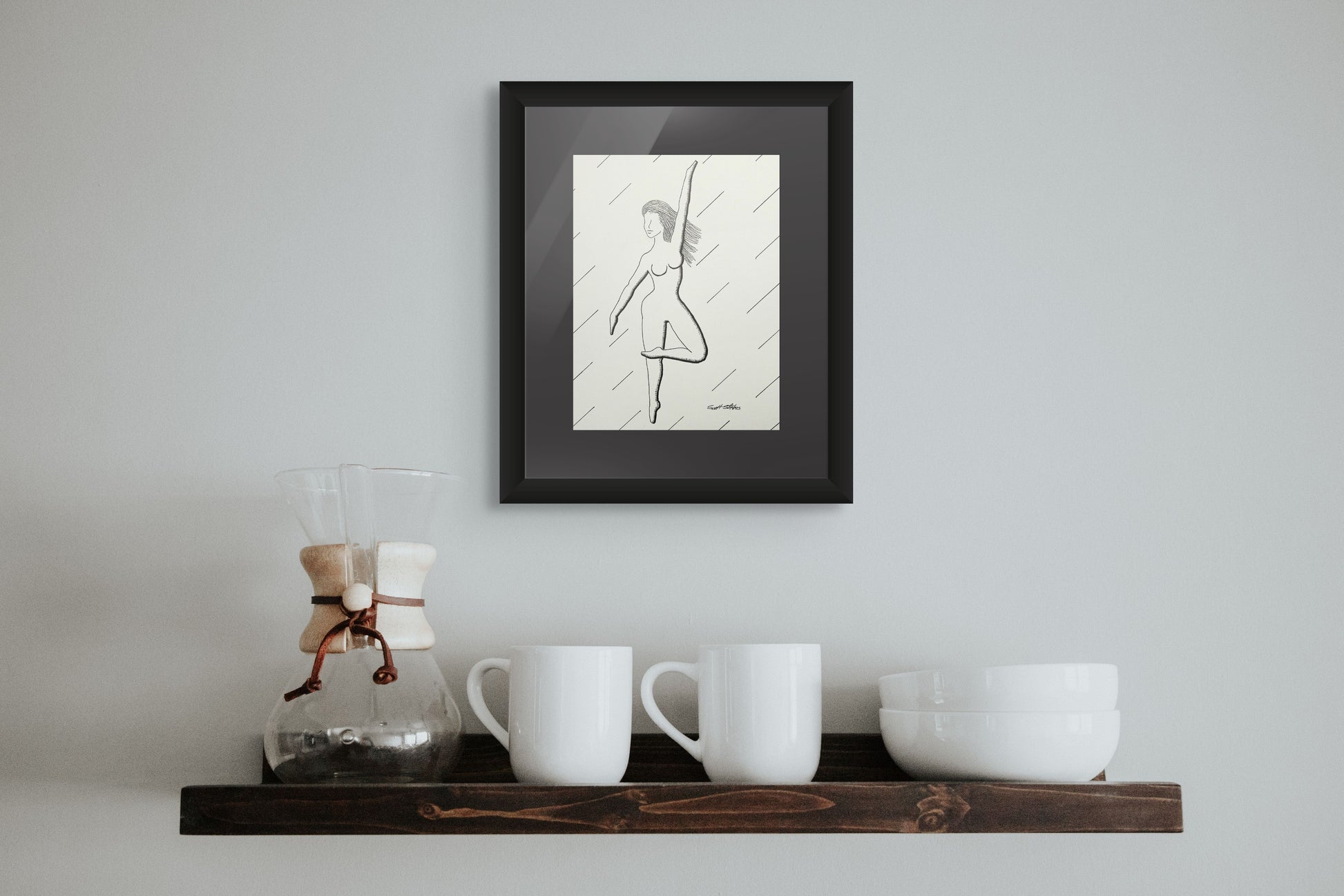 Framed drawing of 'Trisha' in room setting.