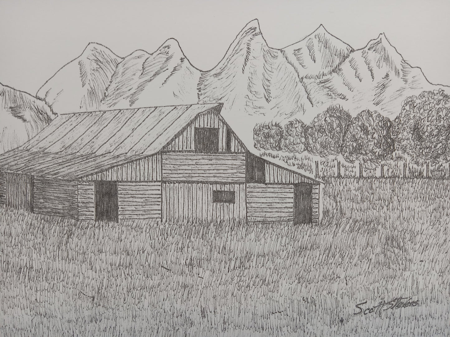 A pen and ink drawing of a mountain range with a rustic barn in the foreground.