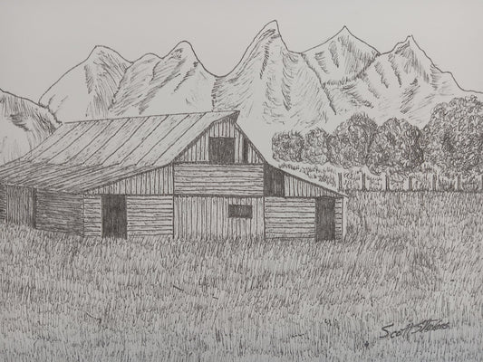 A pen and ink drawing of a mountain range with a rustic barn in the foreground.