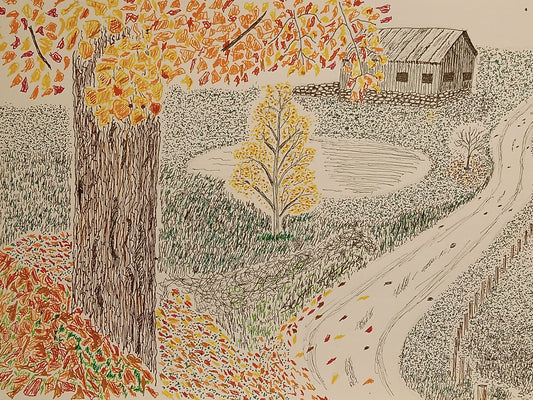 Original drawing of a barn with trees and a pond in the background, done in pen and ink on paper. Color added for a touch of Autumn.