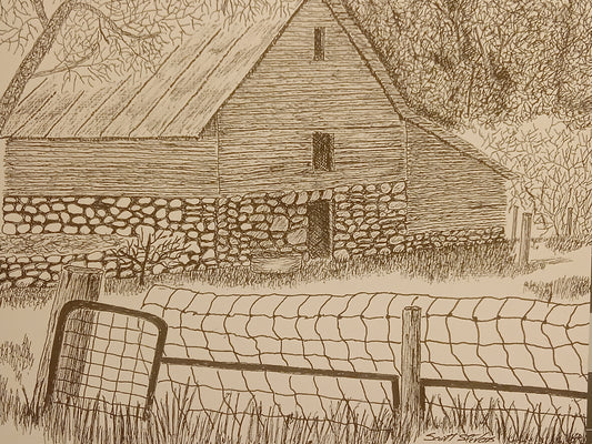 'Casey's Barn' Handcrafted Pen and Ink Art Print