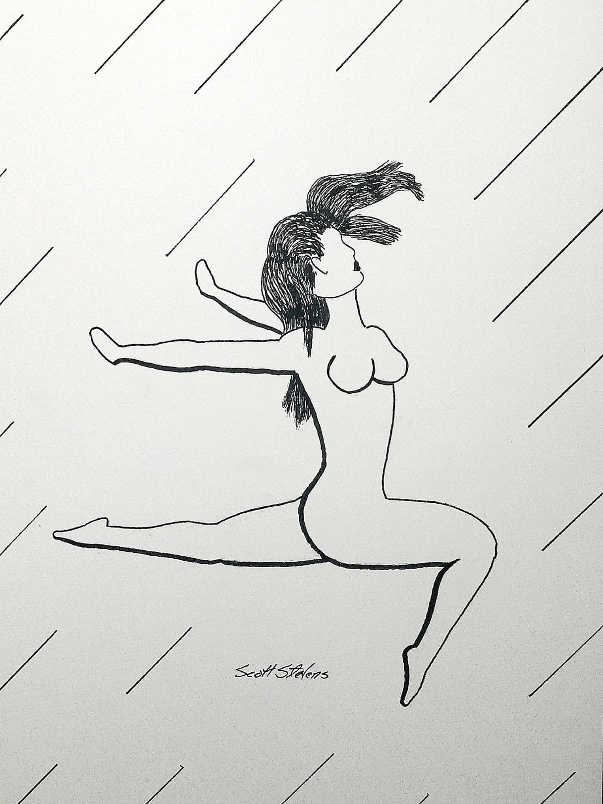 Pen and ink drawing of a nude woman in a dynamic sitting pose with flowing lines in the background, part of the 'Women in Motion' collection.