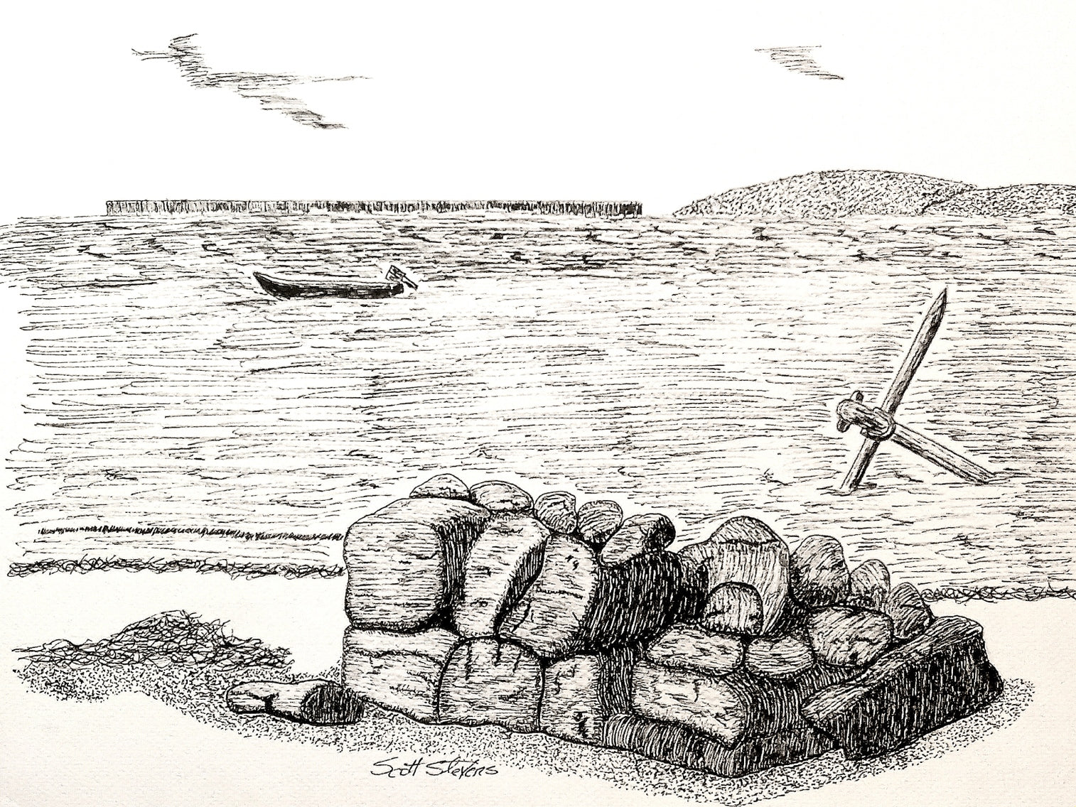 Black and white illustration of a stone wall, boat, and anchor on a beach.