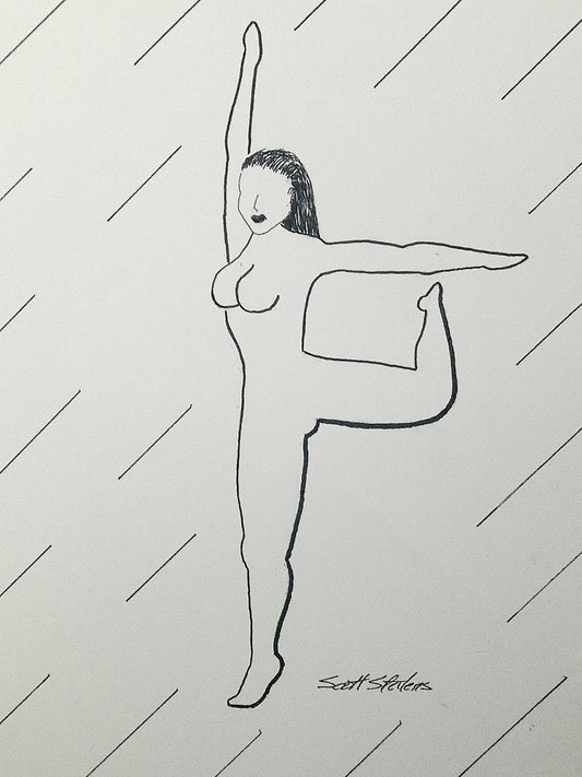 Black line drawing of a nude figure on a white background