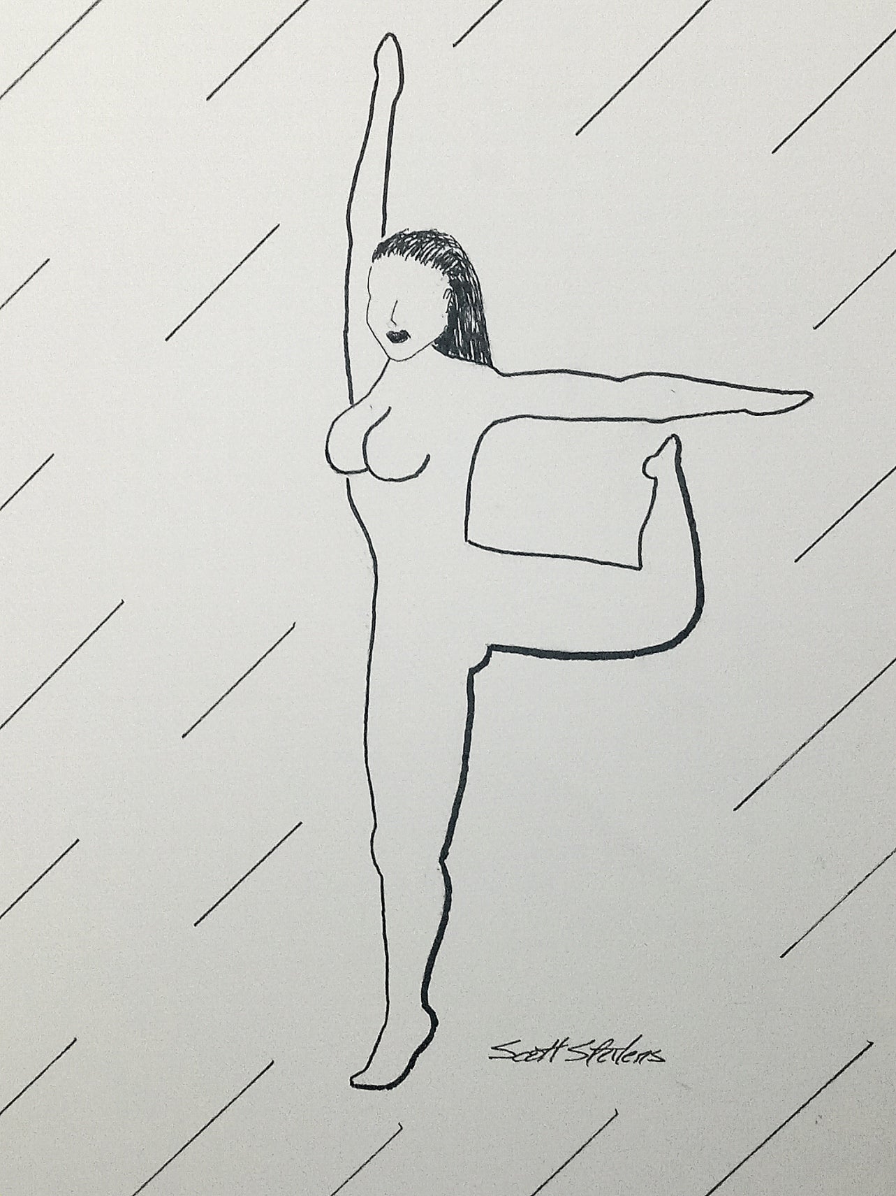 Black line drawing of a nude figure on a white background
