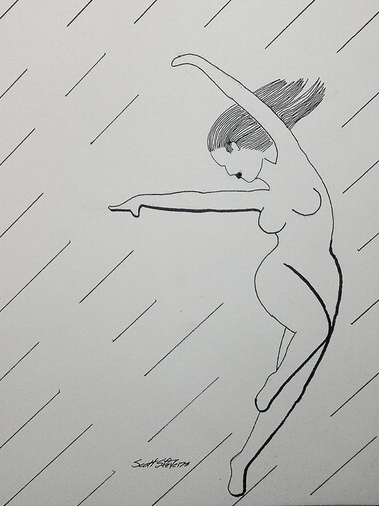 Black and white minimalist drawing of a nude dancer