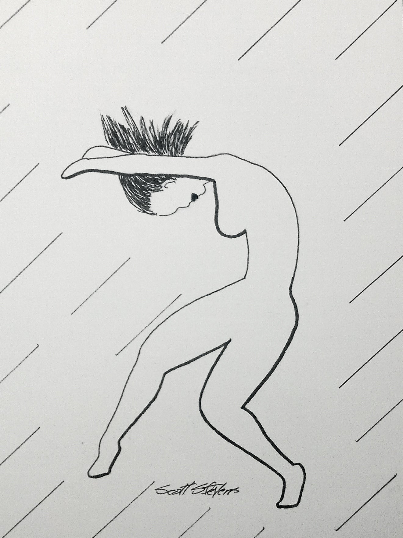 Pen and ink drawing of a female figure in a dynamic pose with lines suggesting movement around her.