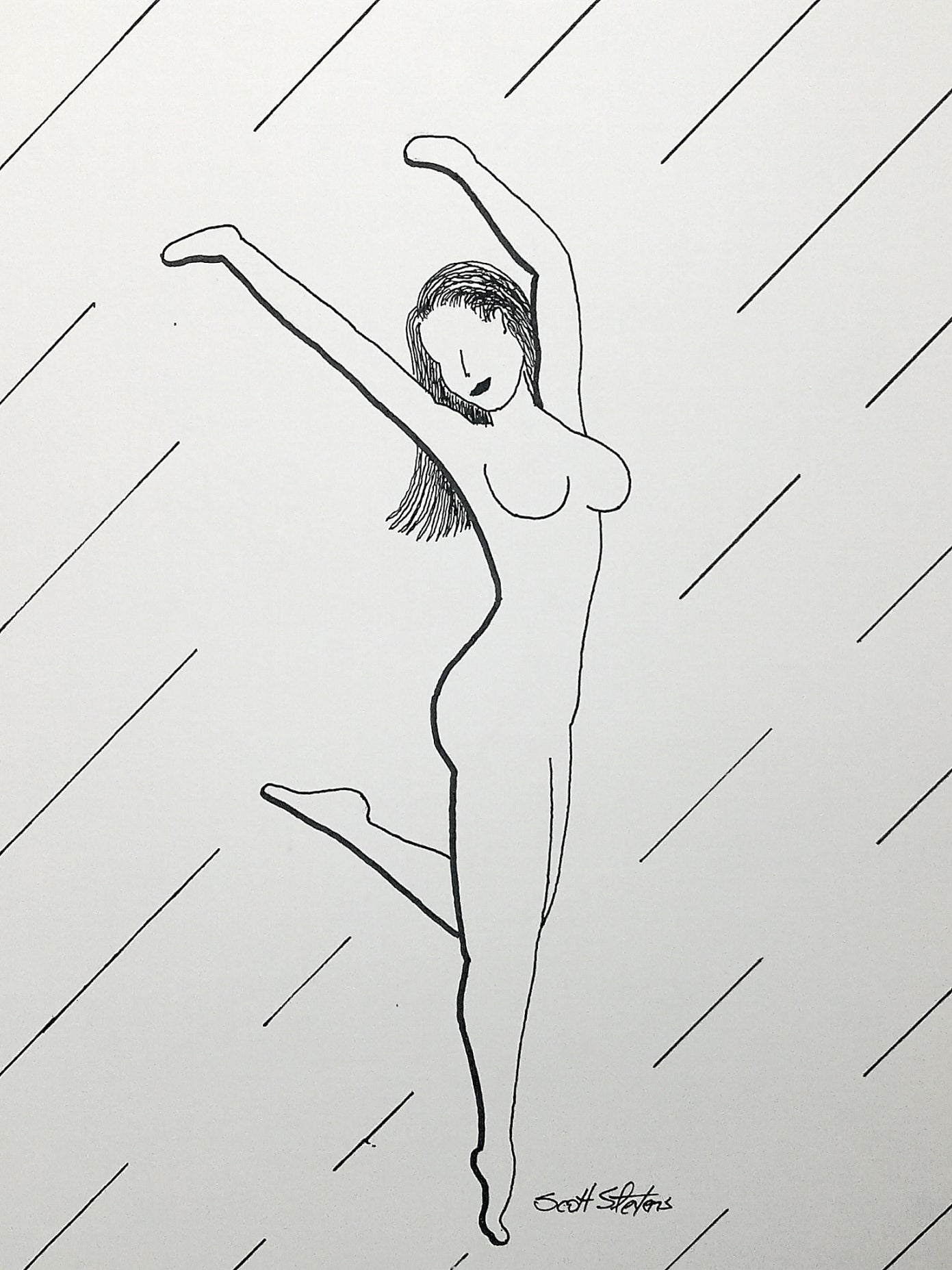Black and white line drawing of a dancer on a white background