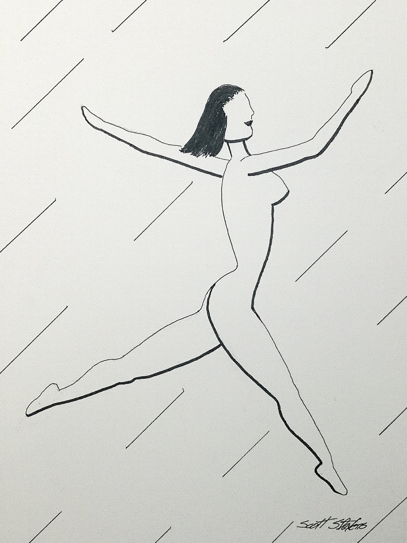 Original pen and ink drawing of a female figure dancing in a dynamic pose on 9x12 drawing paper, signed by the artist.