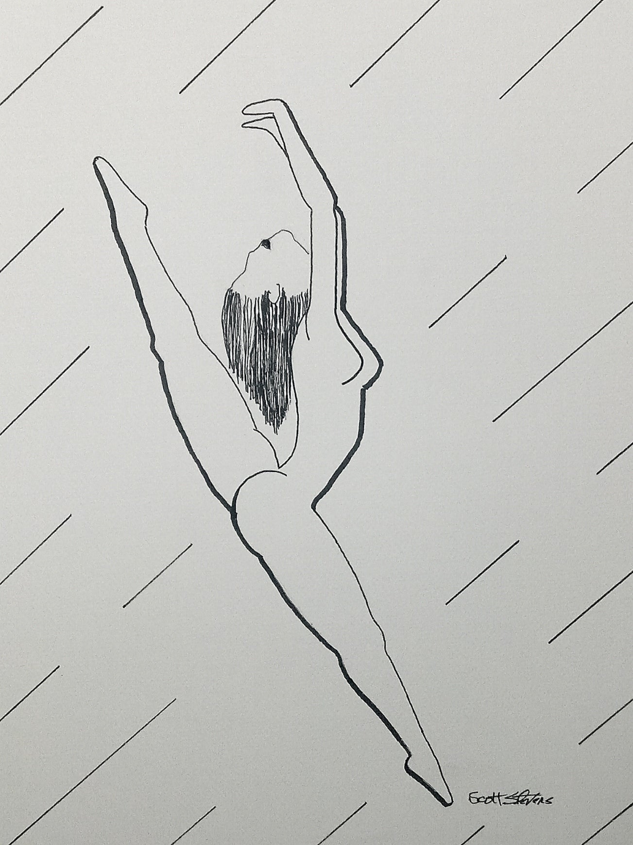 Print of the original drawing of a nude dancer,
"She lifts beyond the p[ull of gravity,
a line of brightness drawn through space.
Arms crown the sky,
and in her breathless flight,
she becomes the horizon's heartbeat."