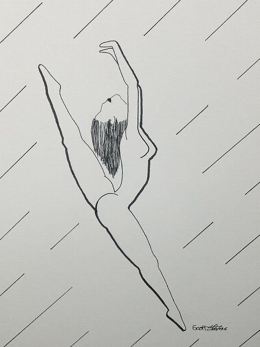 Print of the original drawing of a nude dancer,
"She lifts beyond the p[ull of gravity,
a line of brightness drawn through space.
Arms crown the sky,
and in her breathless flight,
she becomes the horizon's heartbeat."