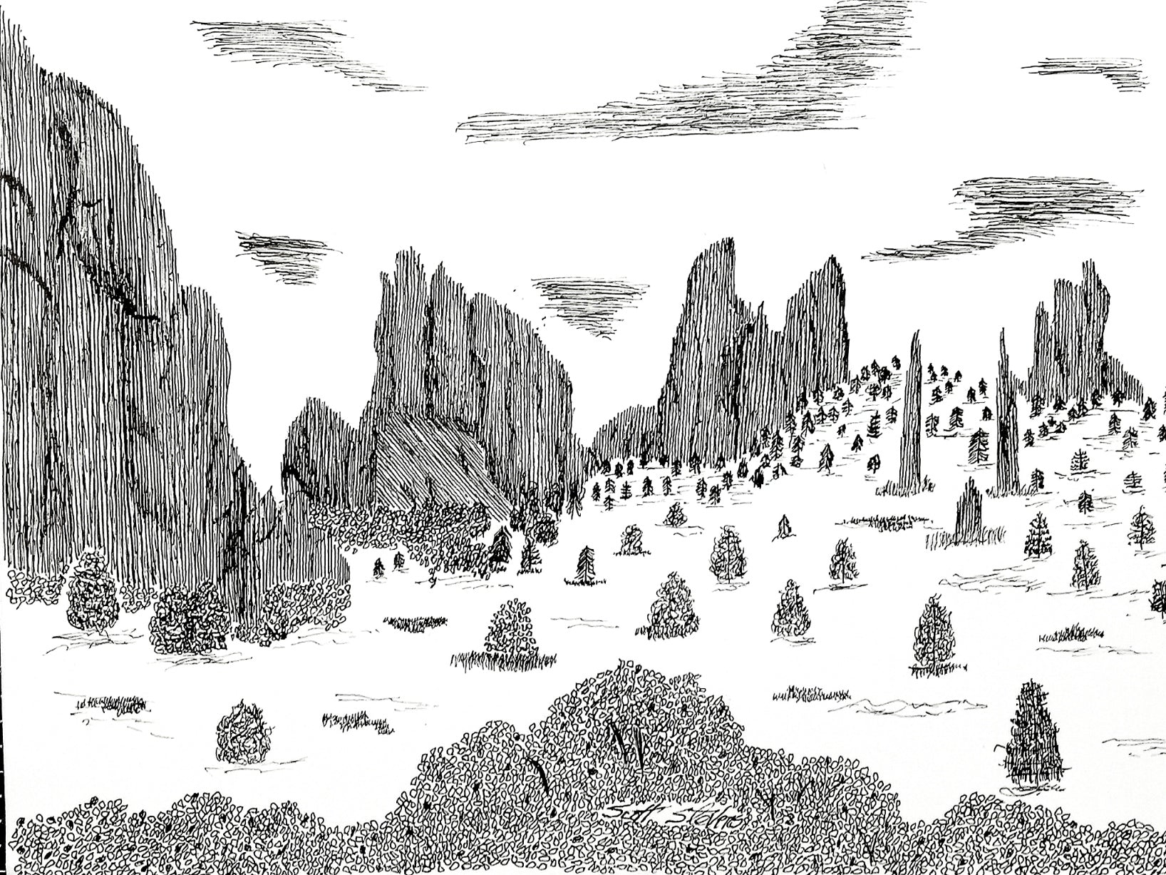 A pen and ink drawing of rock formations and a landscape, likely inspired by Garden of the Gods State Park in Colorado.