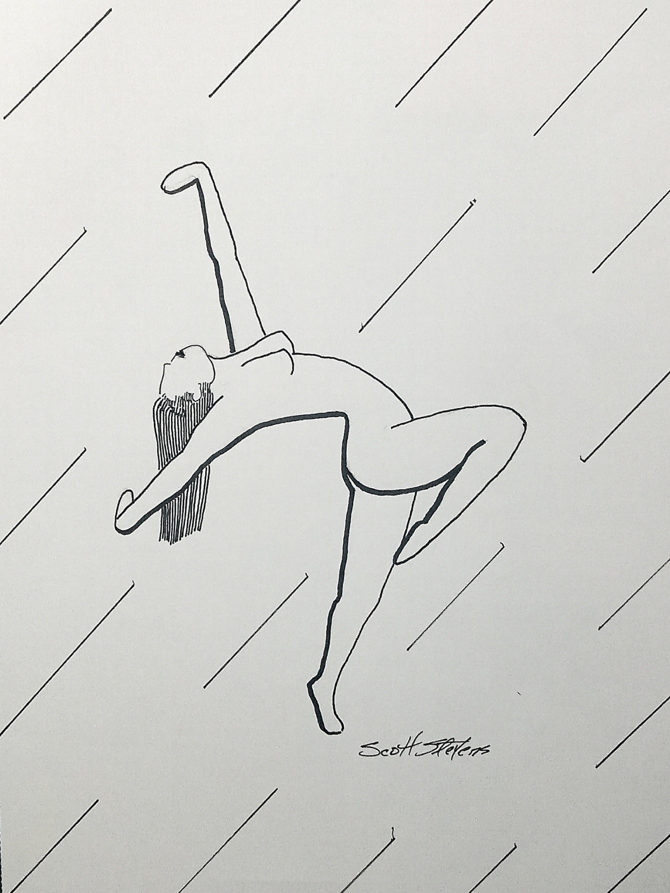 Black and white line drawing of a dancer on a diagonal grid background