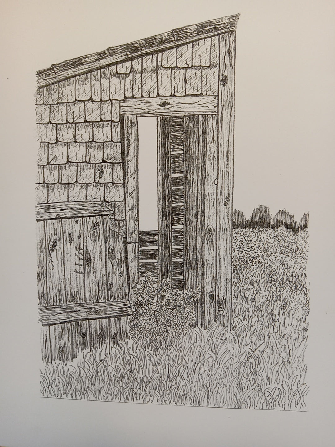 A pen and ink drawing of an old barn.
