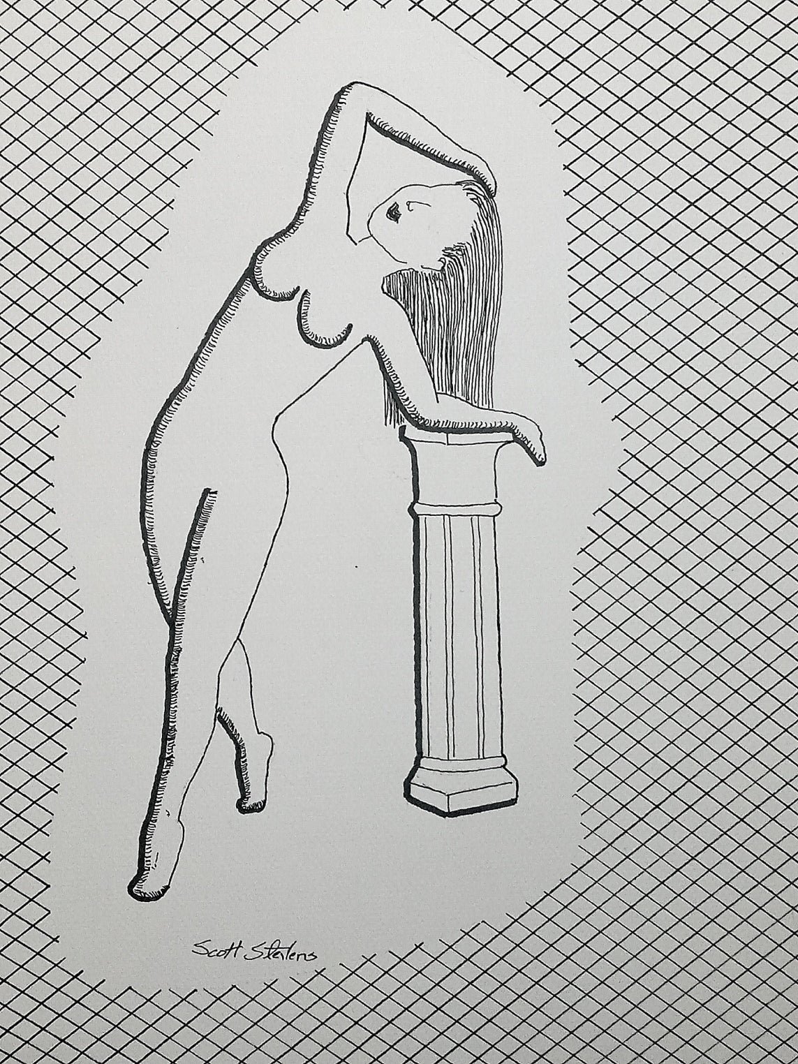 Black and white drawing of a nude figure leaning against a column on a grid background