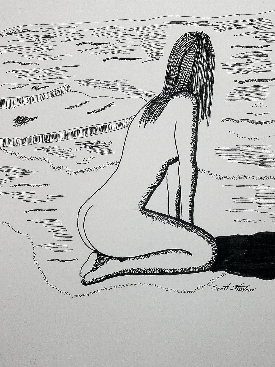 Black and white drawing of a person sitting on a beach with waves in the background