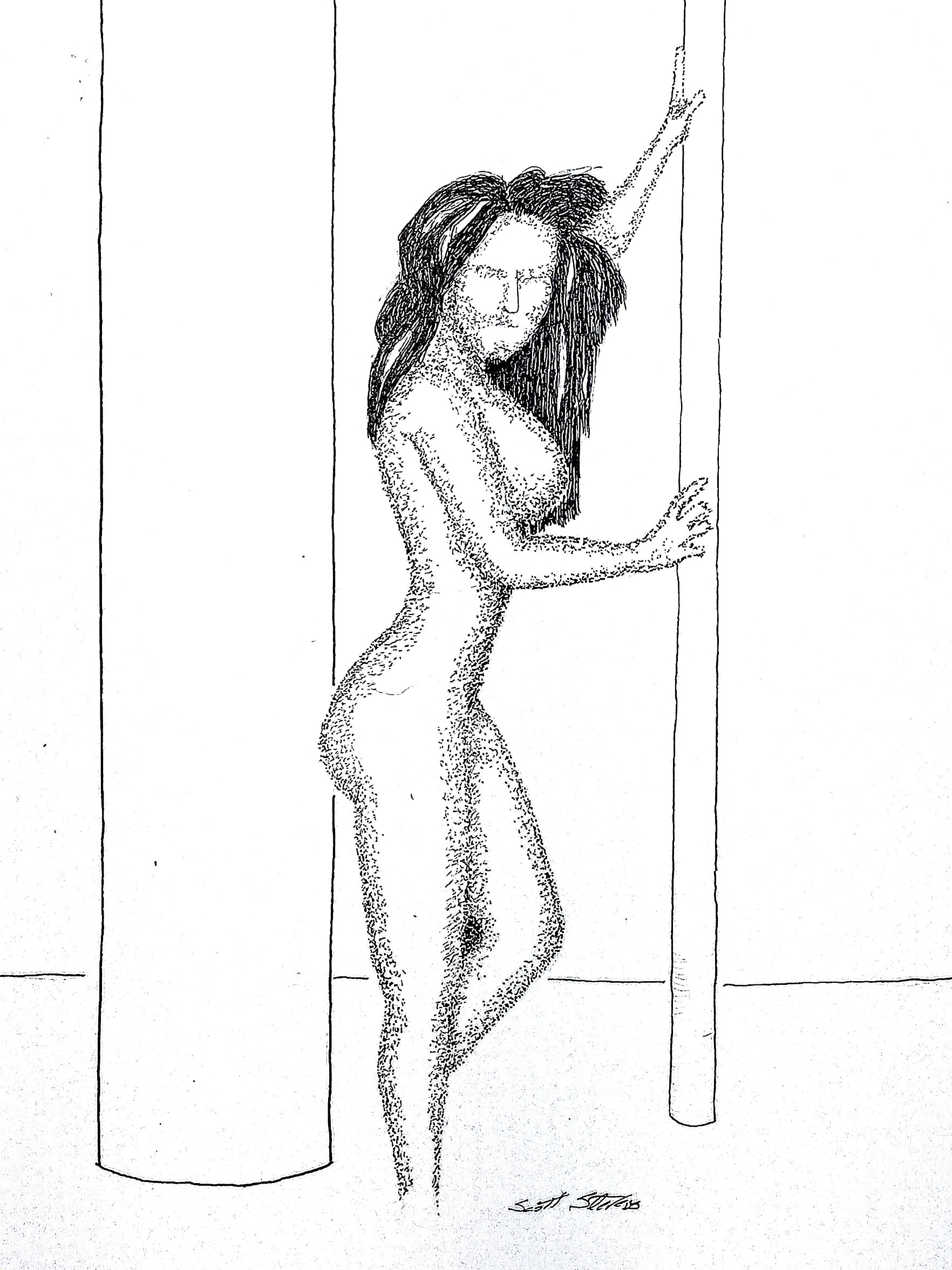 Black and white drawing of a nude figure holding a pole against a plain background