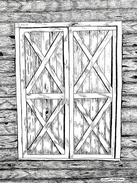 Wooden double doors with crossbar design on a wooden wall.