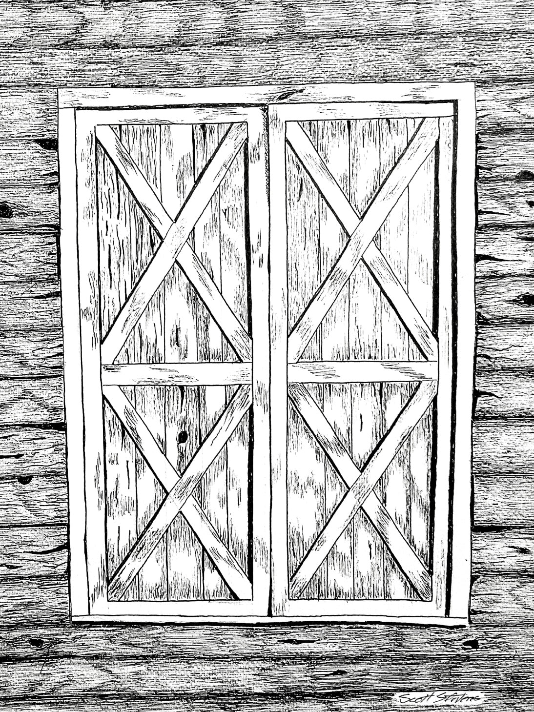 Print of original pen and ink drawing of barn doors