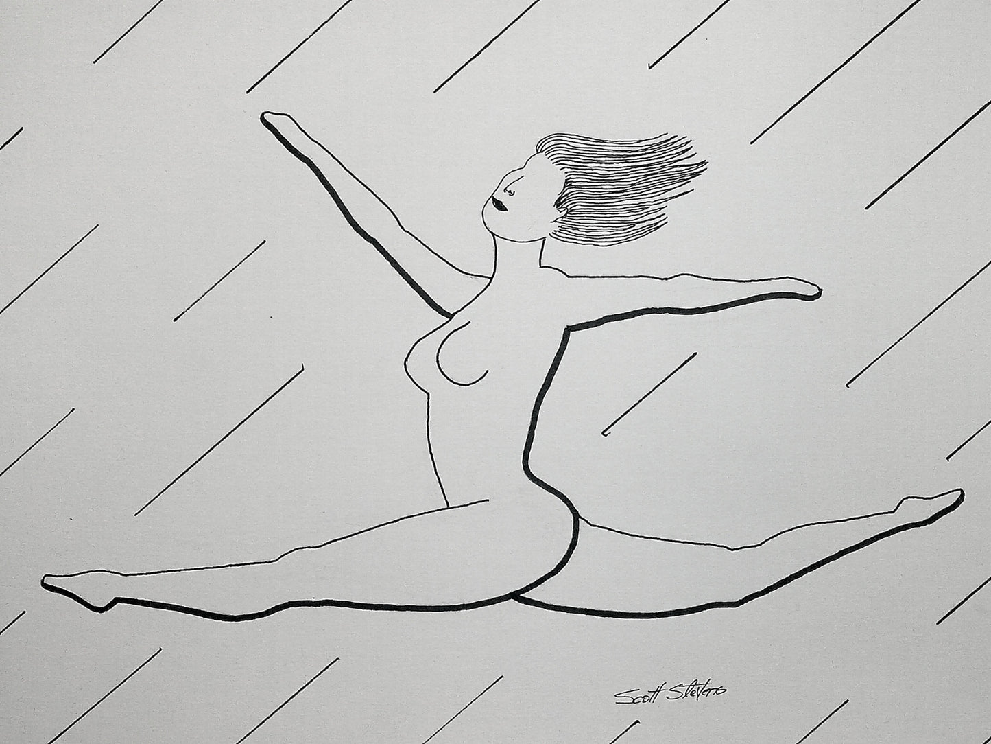 Black line drawing of a dancer on a white background
