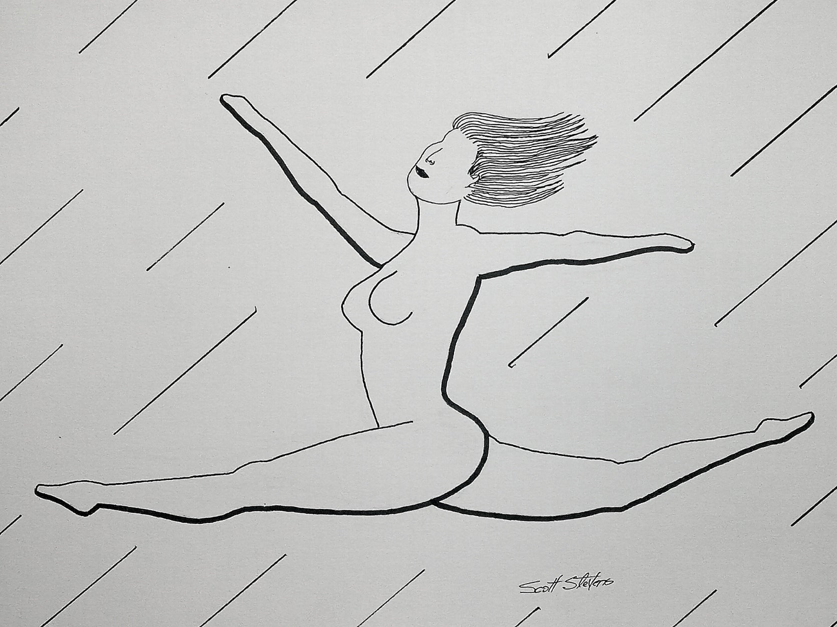 Black line drawing of a dancer on a white background