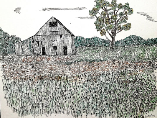 An old barn in a grassy field with trees in the background