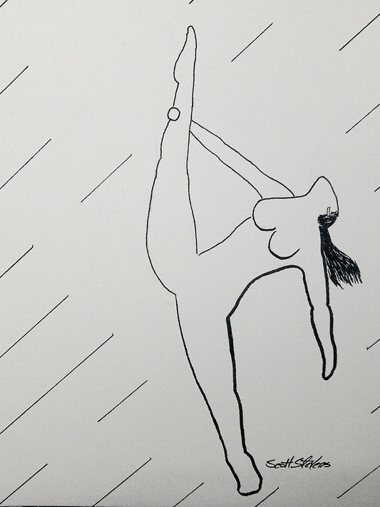 Original pen and ink drawing of a natural woman dancing on 9x12 watercolor paper, part of the 'Women in Motion' collection.