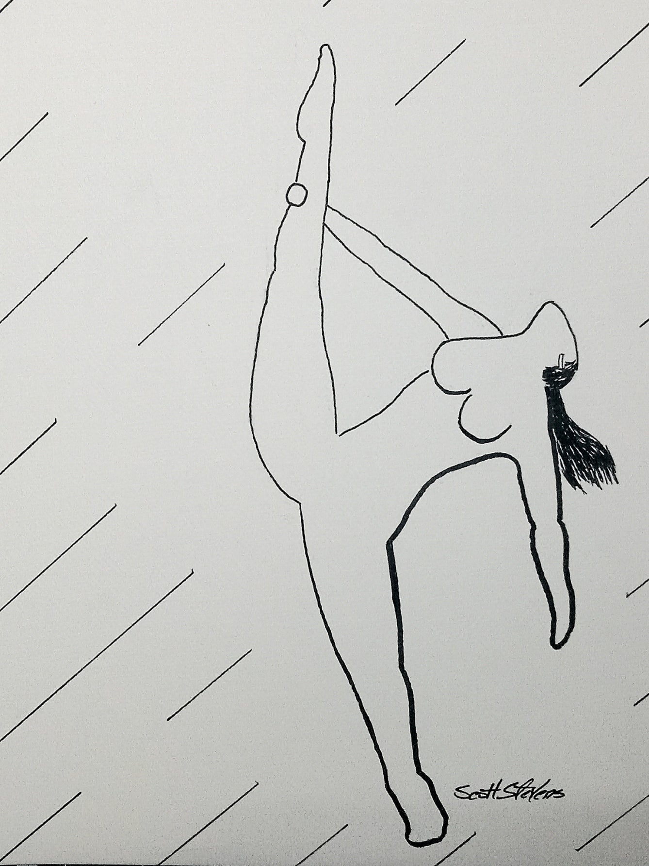A pen and ink drawing of a woman in a dance pose, part of the 'Women in Motion' series, with a signature on the bottom right.