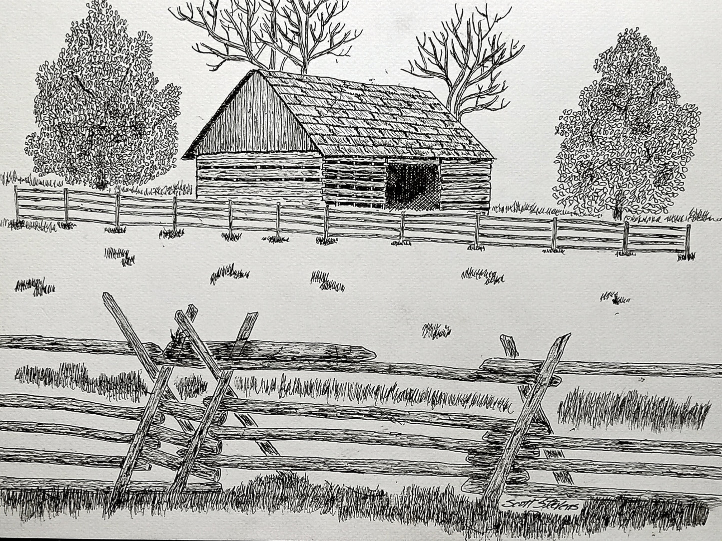 Original pen and ink drawing depicting a rural scene with a barn, trees, and a fence.