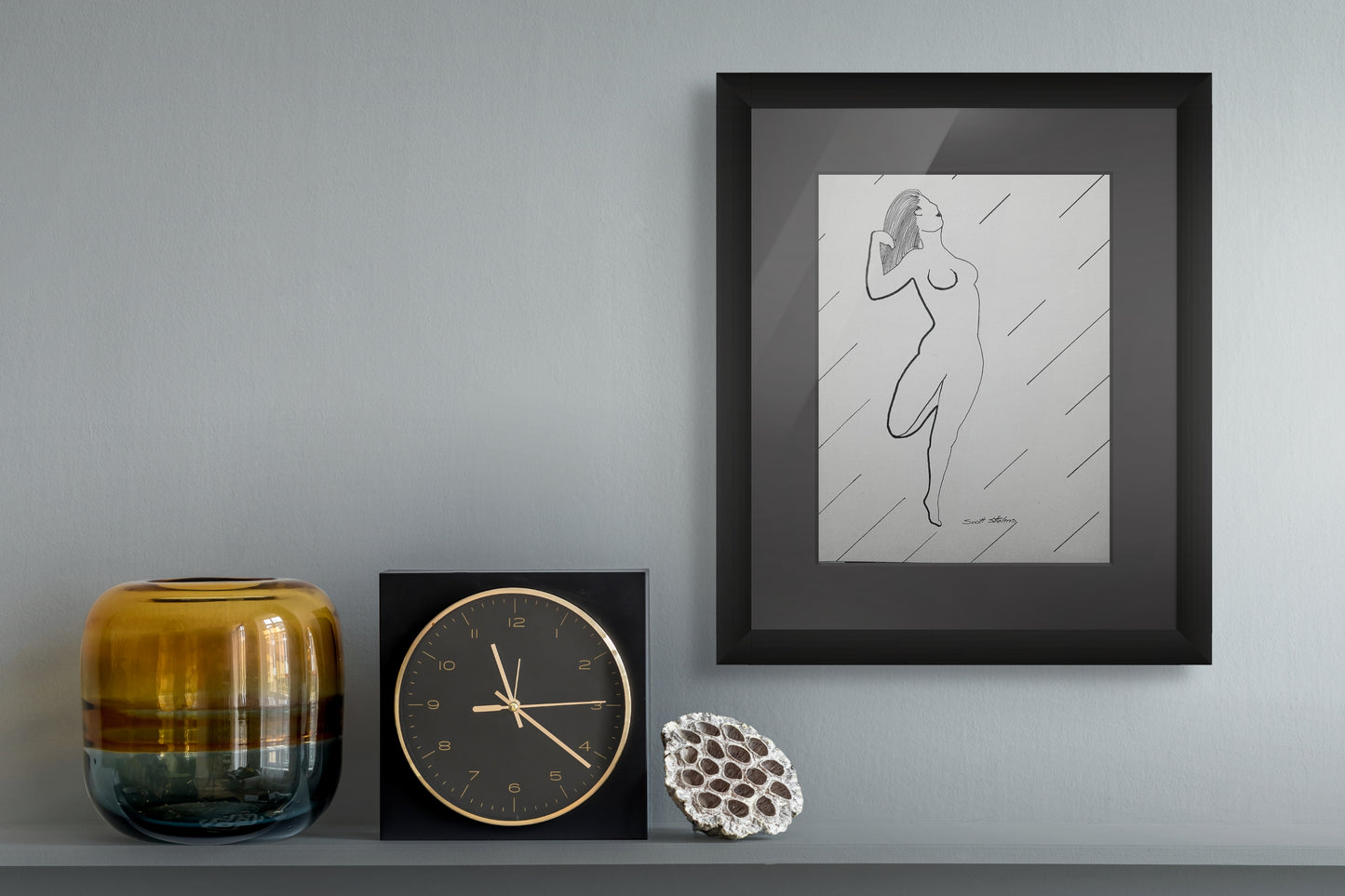 Print of a nude woman dancing, arching back in graceful surrender, she lifts her gaze upward, body poised between strength and yielding. A quiet celebration of openness and release.