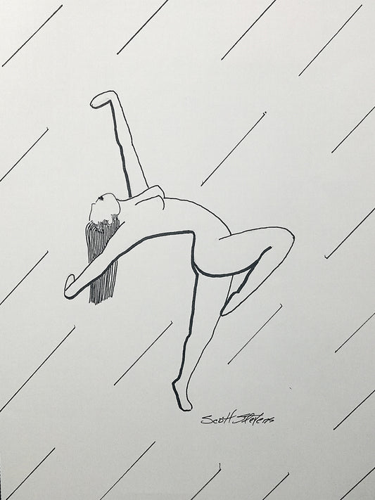 Print of the original drawing of a nude dancer, 
"She leans into the curve of the air,
one arm carving flight, one tracing stillness.
Her body - a bridge of motion - 
holds the sky and the earth in a single breath."