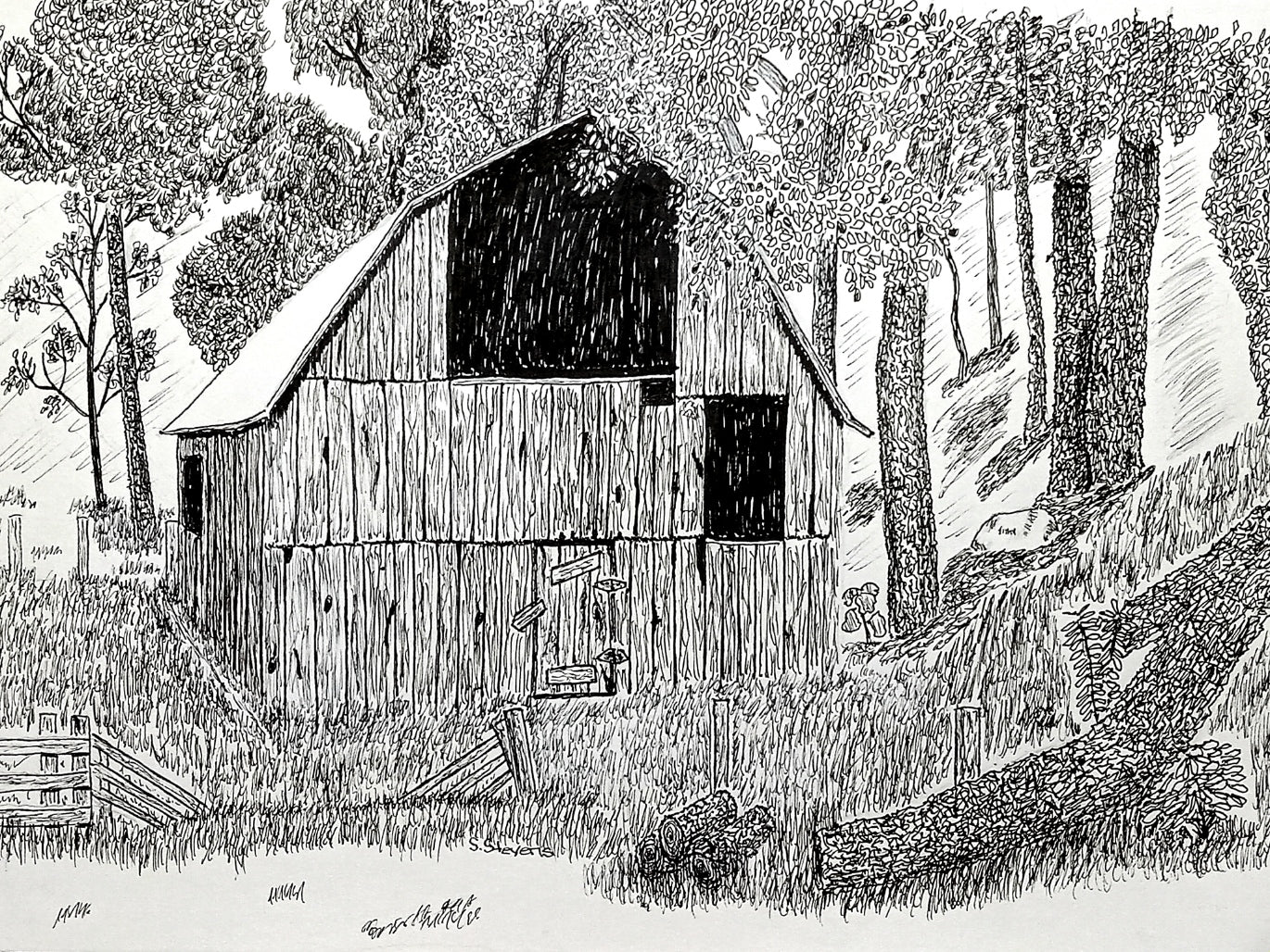 A pen and ink drawing of an old barn in a woodsy area with overgrown grass and a fallen tree in the foreground.