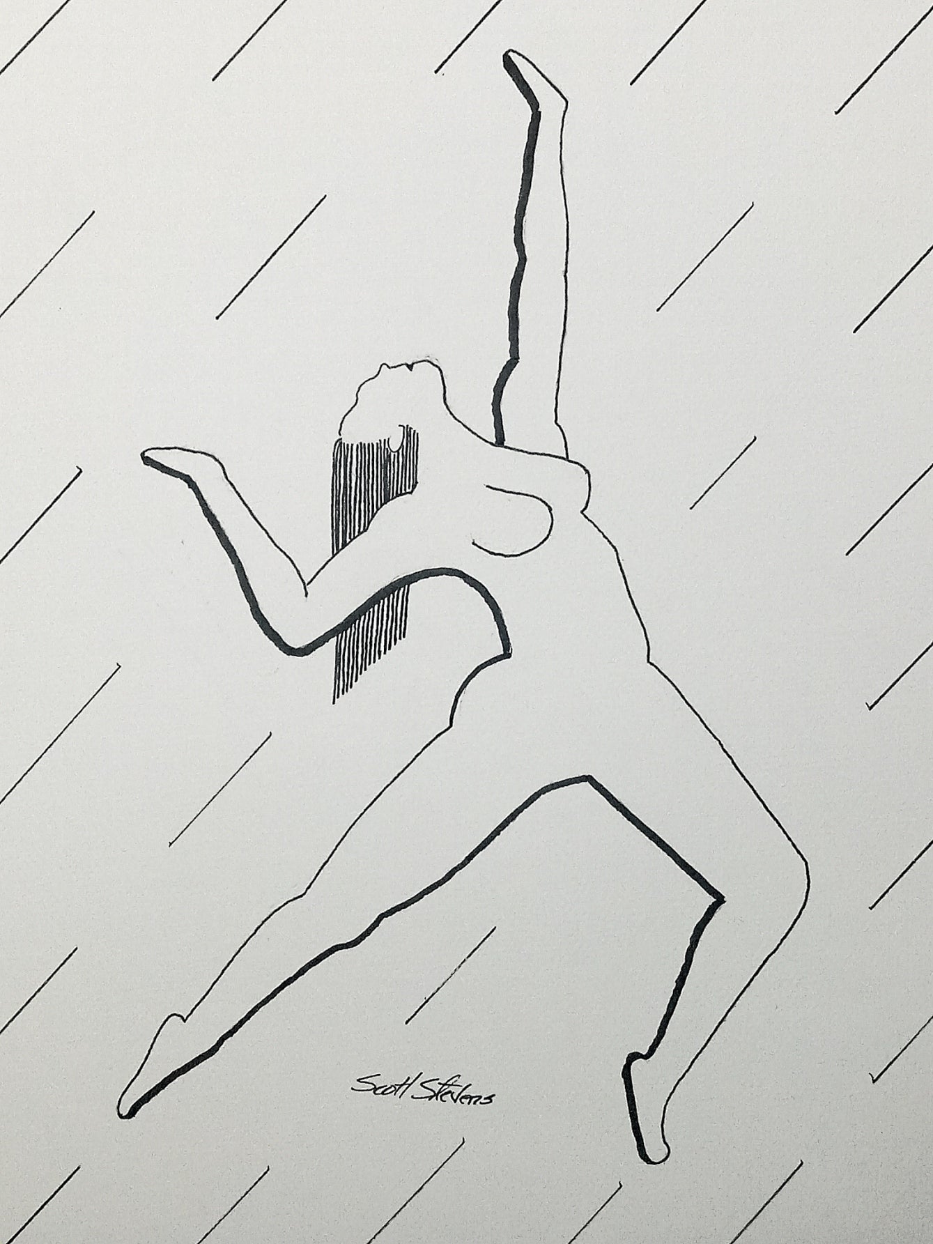 Print of the original pen and ink drawing of a nude woman dancing:
"She moves from silence into presence,
a single stride unfolding like light.
Her lifted arms gather the unseen,
her chest opens to what waits ahead -
the moment she becomes the motion she began."